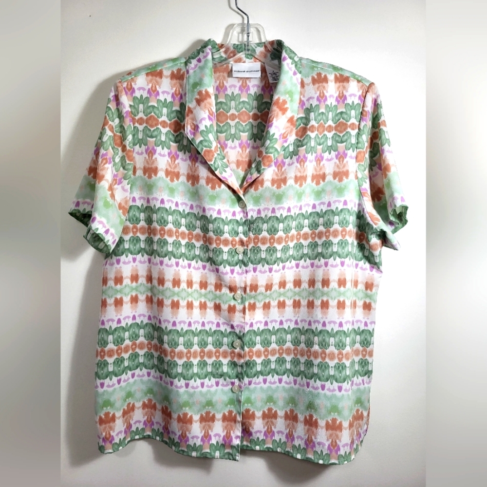 Alfred Dunner white w/print button up short sleeve blouse women's 16 #1975